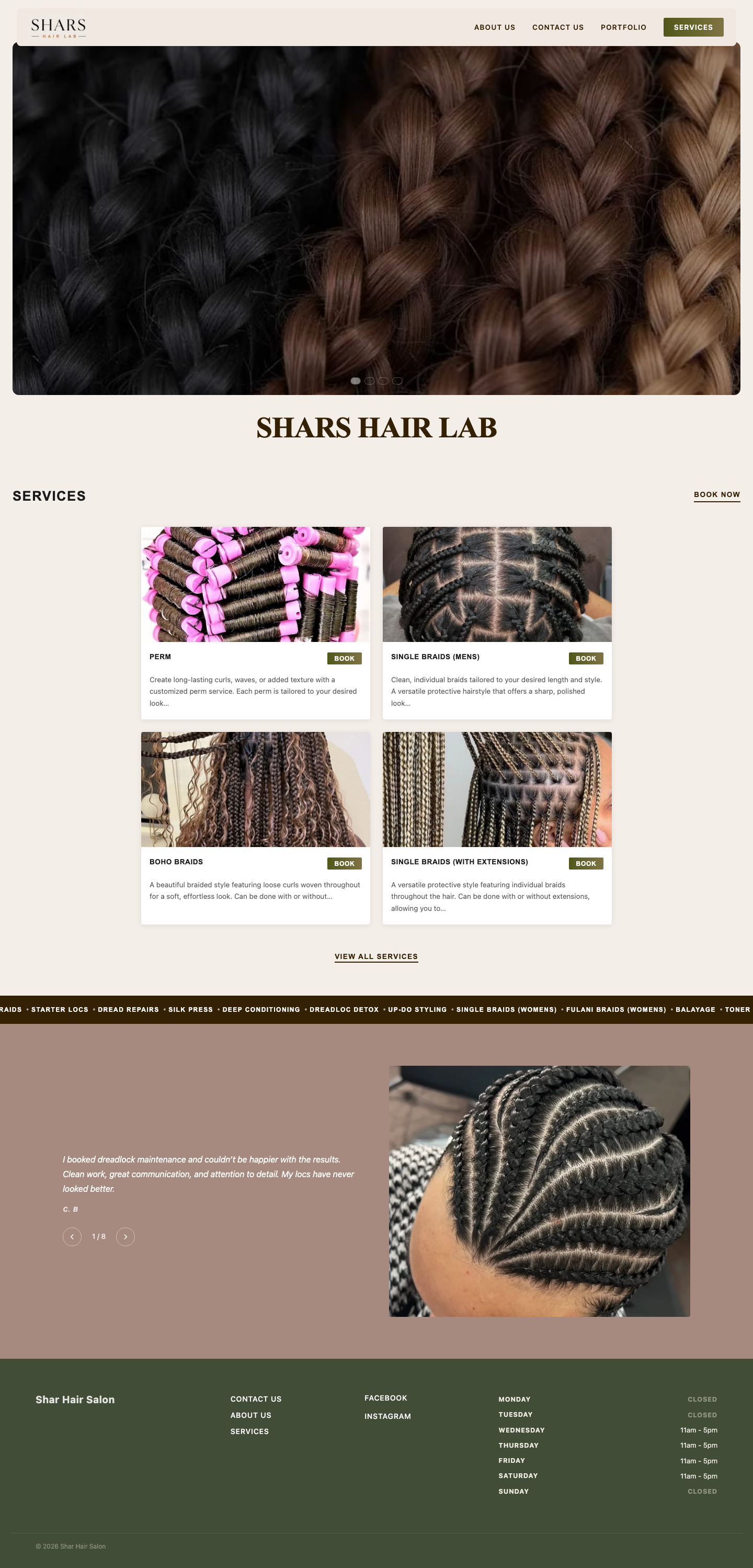 Screenshot of the Shars Hair Lab website